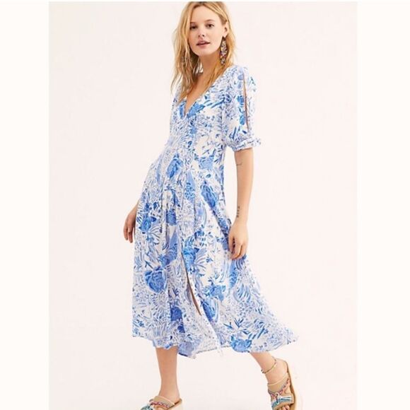 Free People Forever Always Floral Midi Dress Cold Shoulder Boho Size 2 - Picture 1 of 14